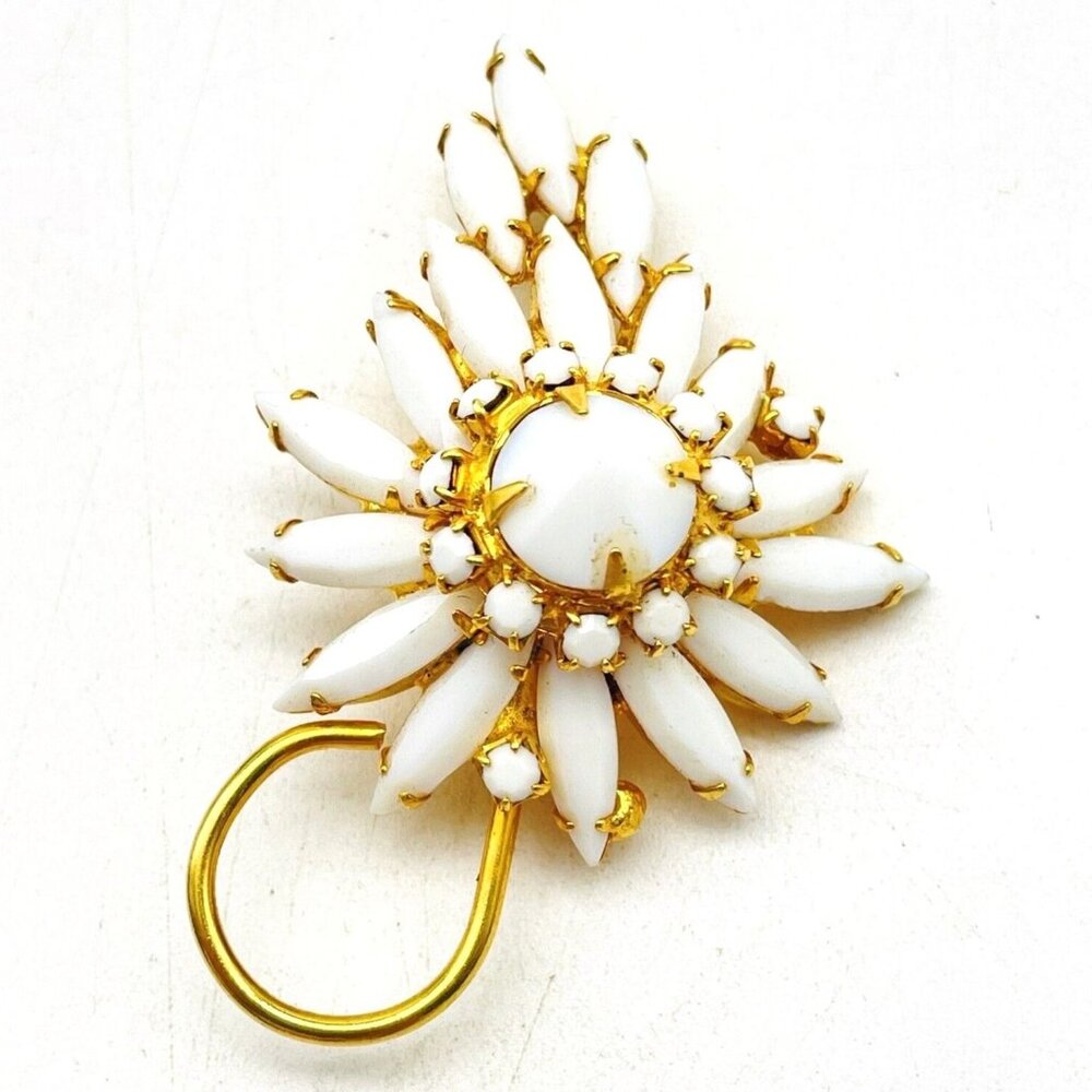 Vintage Milk Glass Flowering Vine Pin Gold Tone Daisy Coneflower Nature Garden